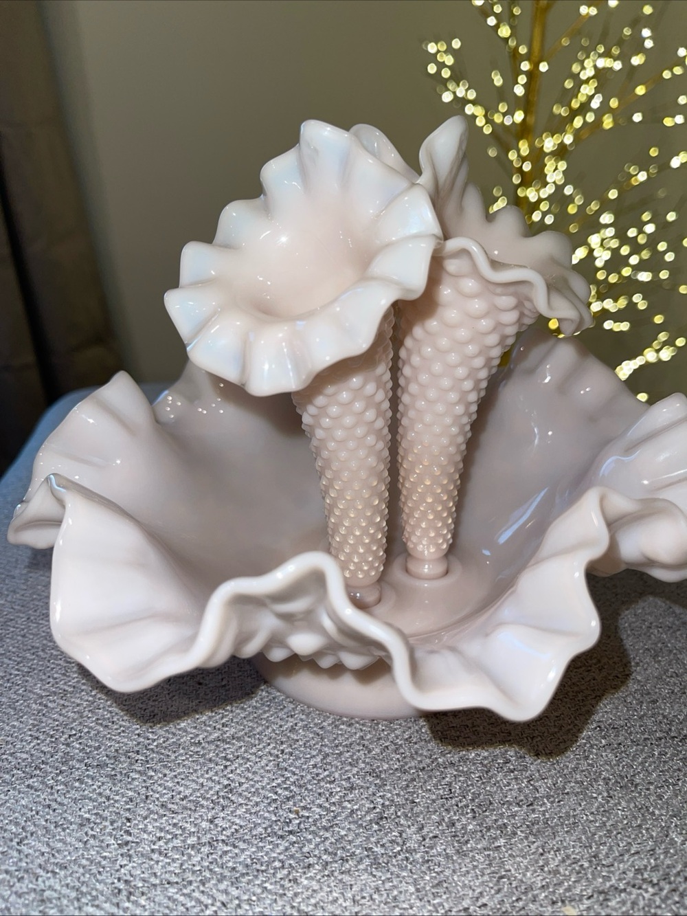 Fenton Hobnail Triple Epergne Vase in Pink Milk Glass - Picture 7 of 10